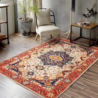Red Persian boho medallion rug in a living room