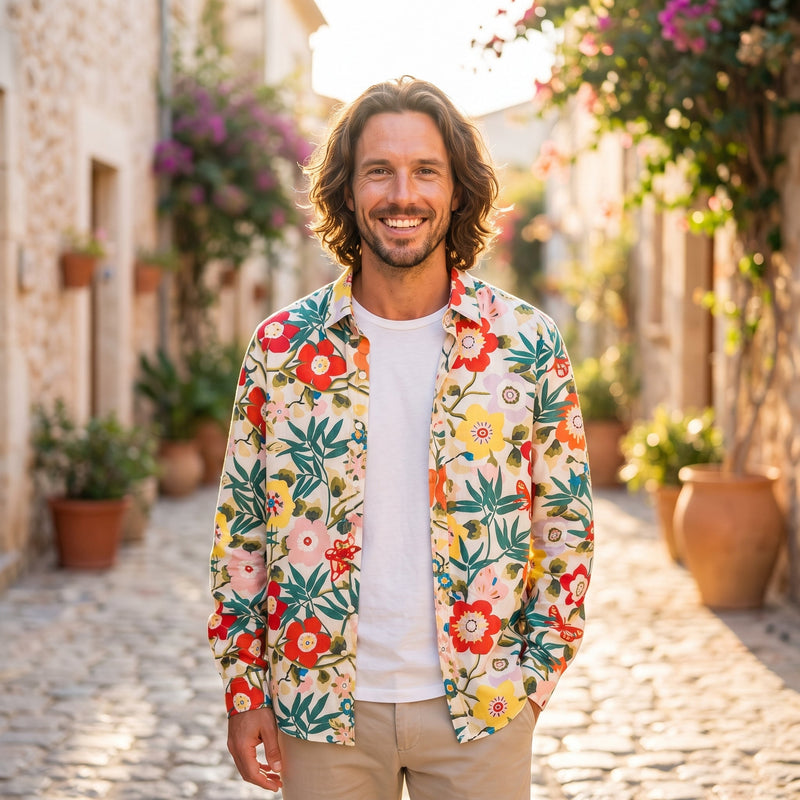 Smiling model wearing the white floral hippie shirt, long sleeves