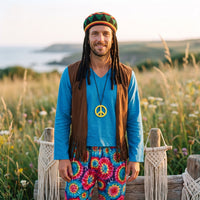 Man wearing the tie-dye fringe vest hippie costume