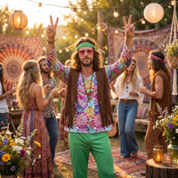 Mann trägt das Hippie Kostüm mit Fransenweste und geblümter Tunika