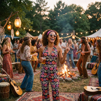 Couple wearing matching seventies floral disco hippie costumes