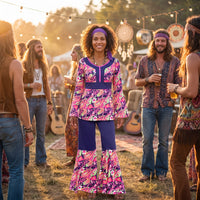 Couple wearing matching paisley print 60s hippie costumes