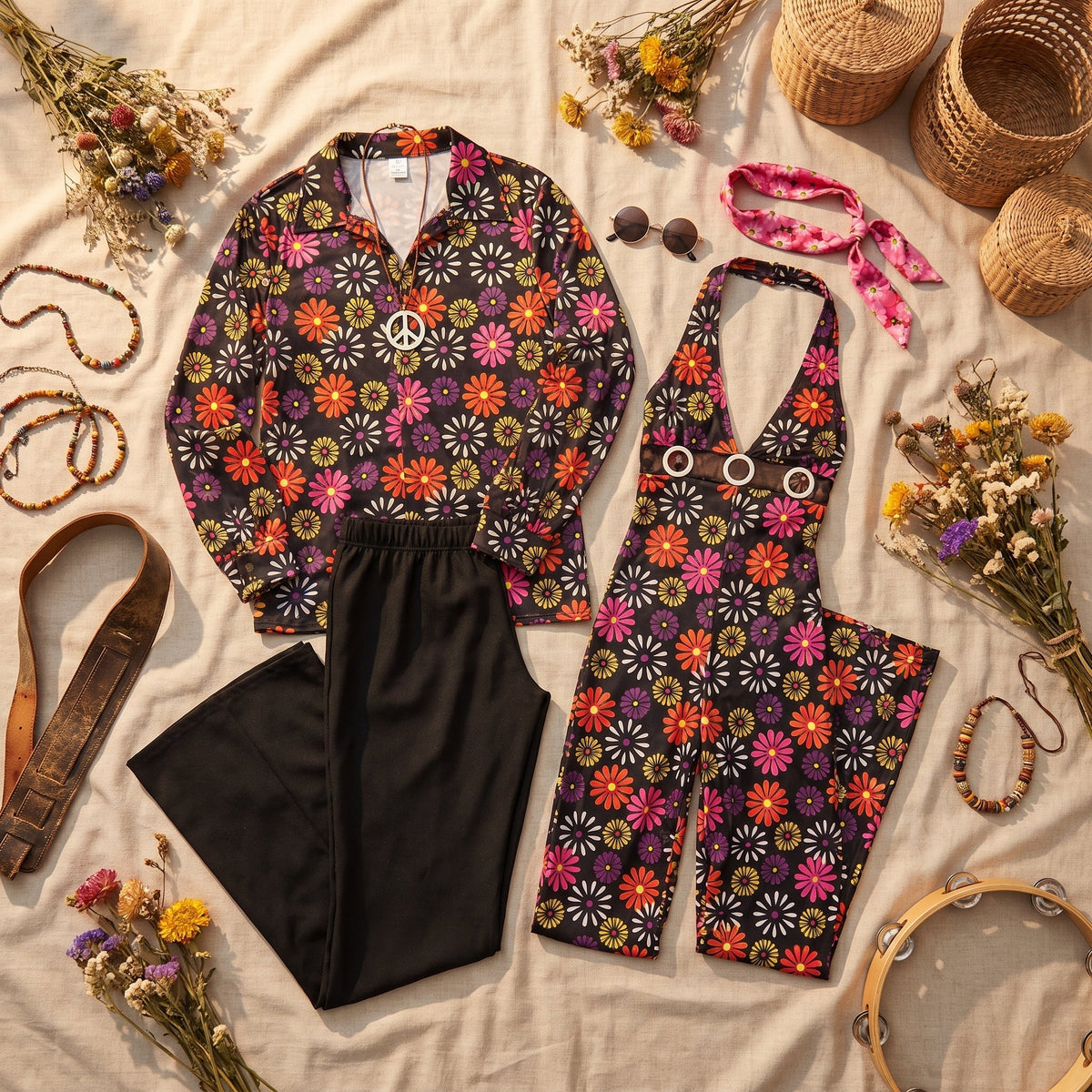 Flat lay of a daisy-print shirt, black flares and halter jumpsuit with round sunglasses, peace pendant and beads