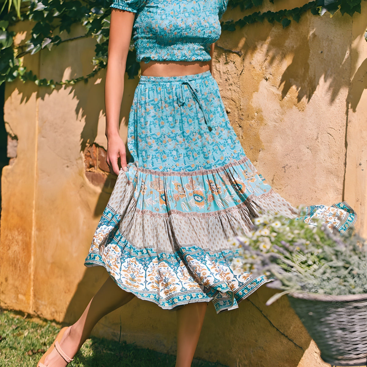 Turquoise tiered floral skirt with wide block-print border