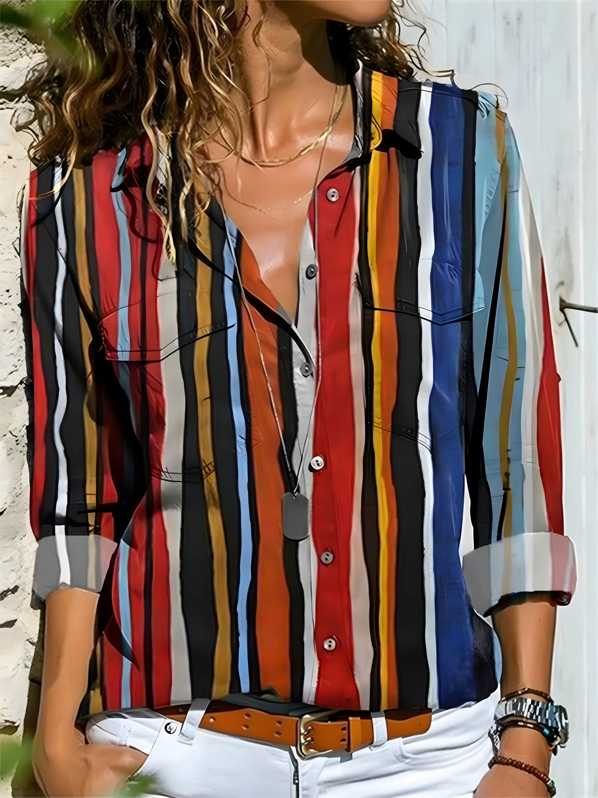 Striped shirt worn with shirt collar and rolled-up sleeves