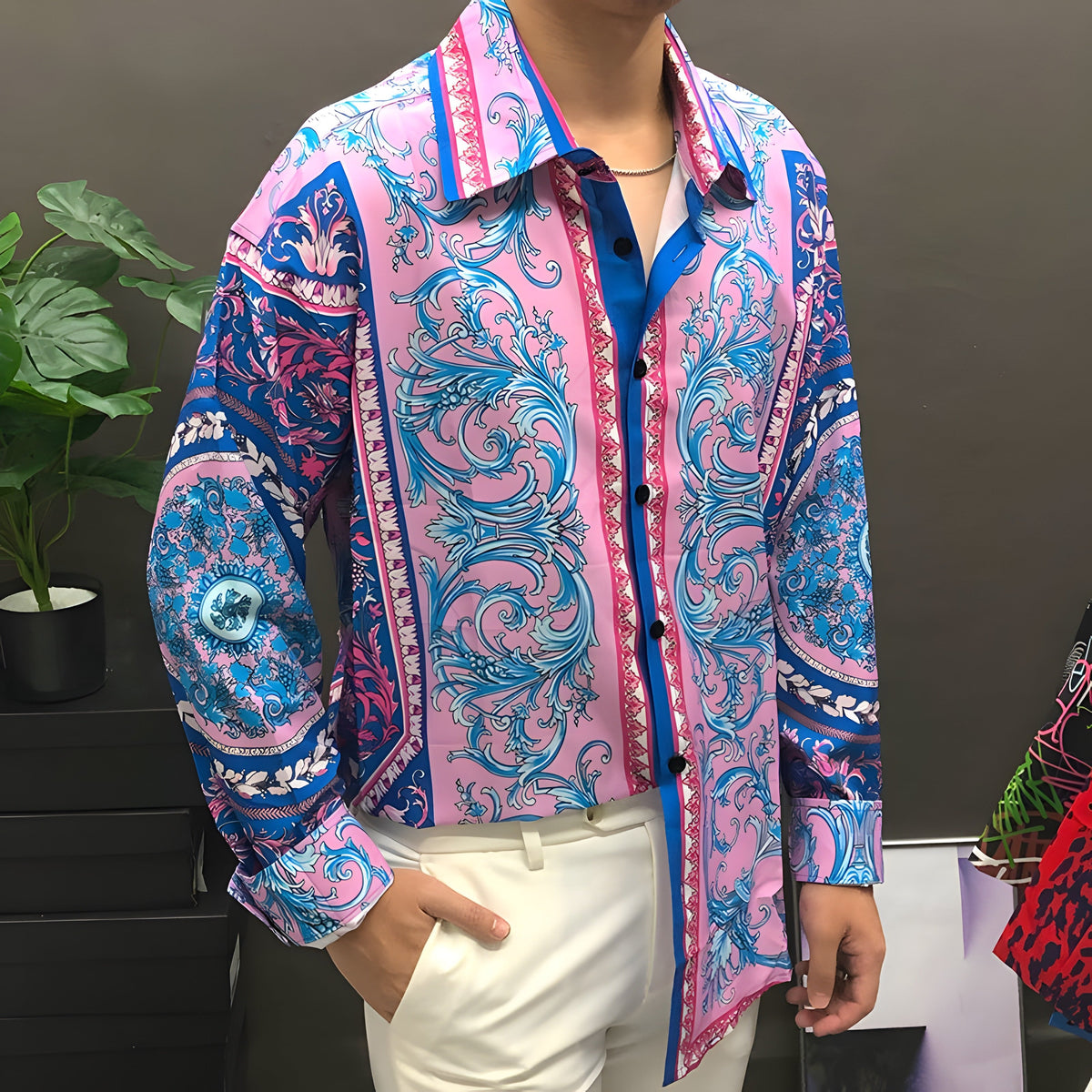 Baroque satin shirt worn, classic collar and black buttons