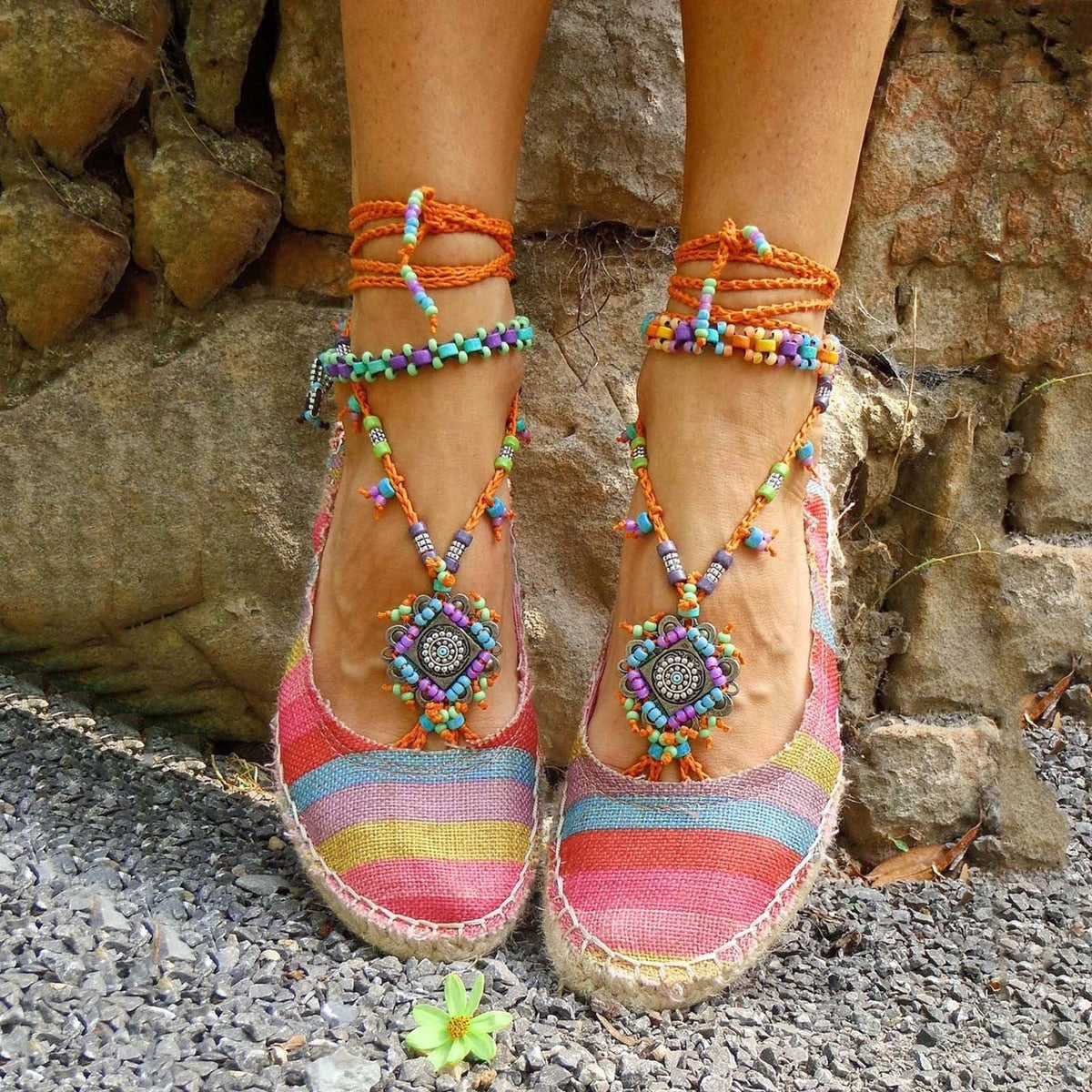 Boho espadrilles in multicolor stripes with beaded laces