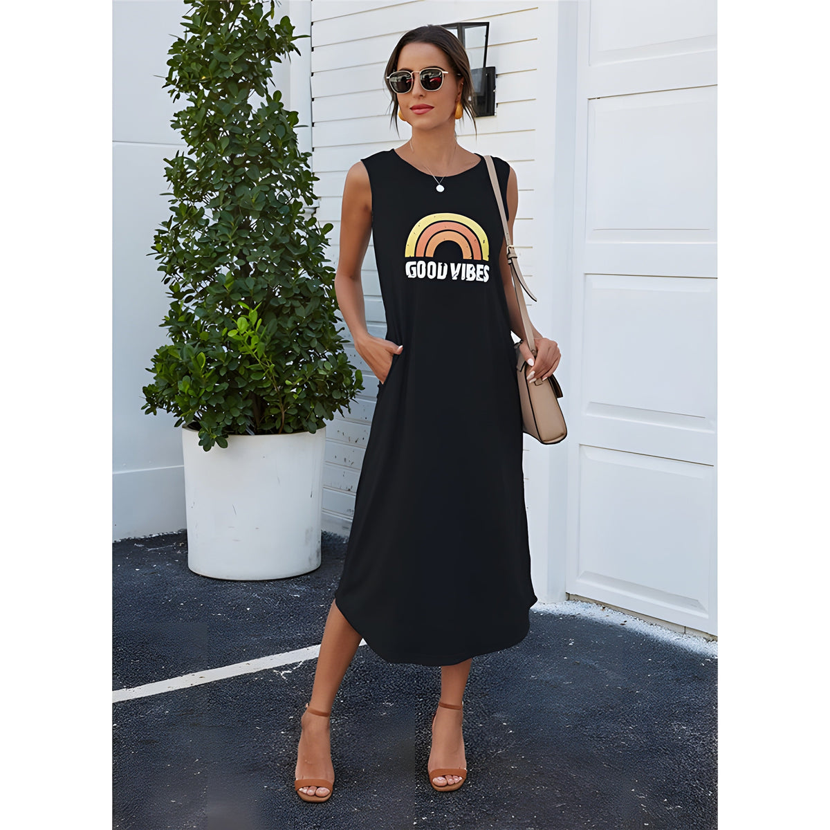 Black rainbow print hippie dress with pockets and slit hem