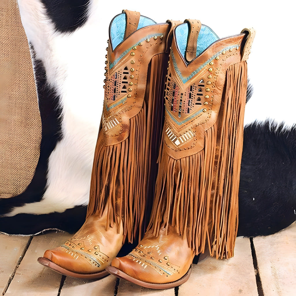Hoge boho laarzen met franjes in westernstijl, camelkleurig leer