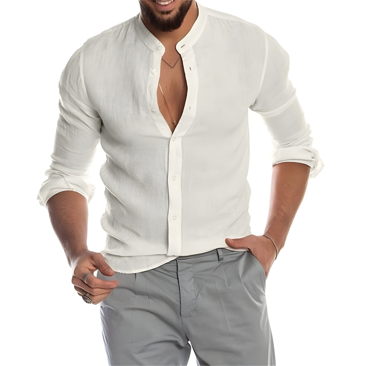 White linen shirt with mandarin collar and full button front