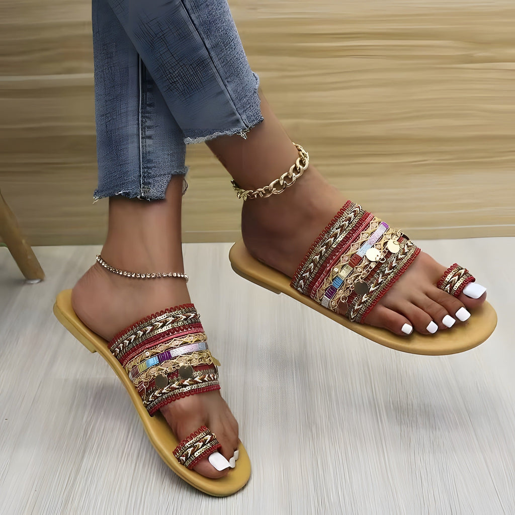 Beaded boho sandals with gold chain details