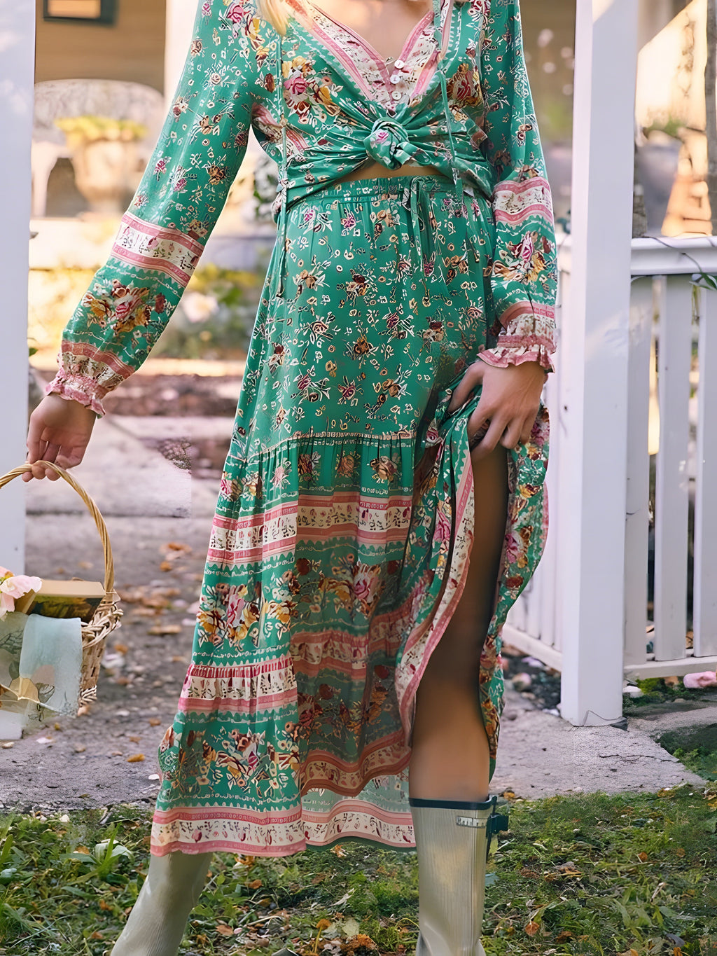 Emerald green floral skirt worn, side slit and drawstring waist
