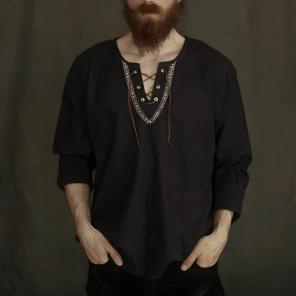 Black linen Viking tunic shirt with laced collar and embroidered trim