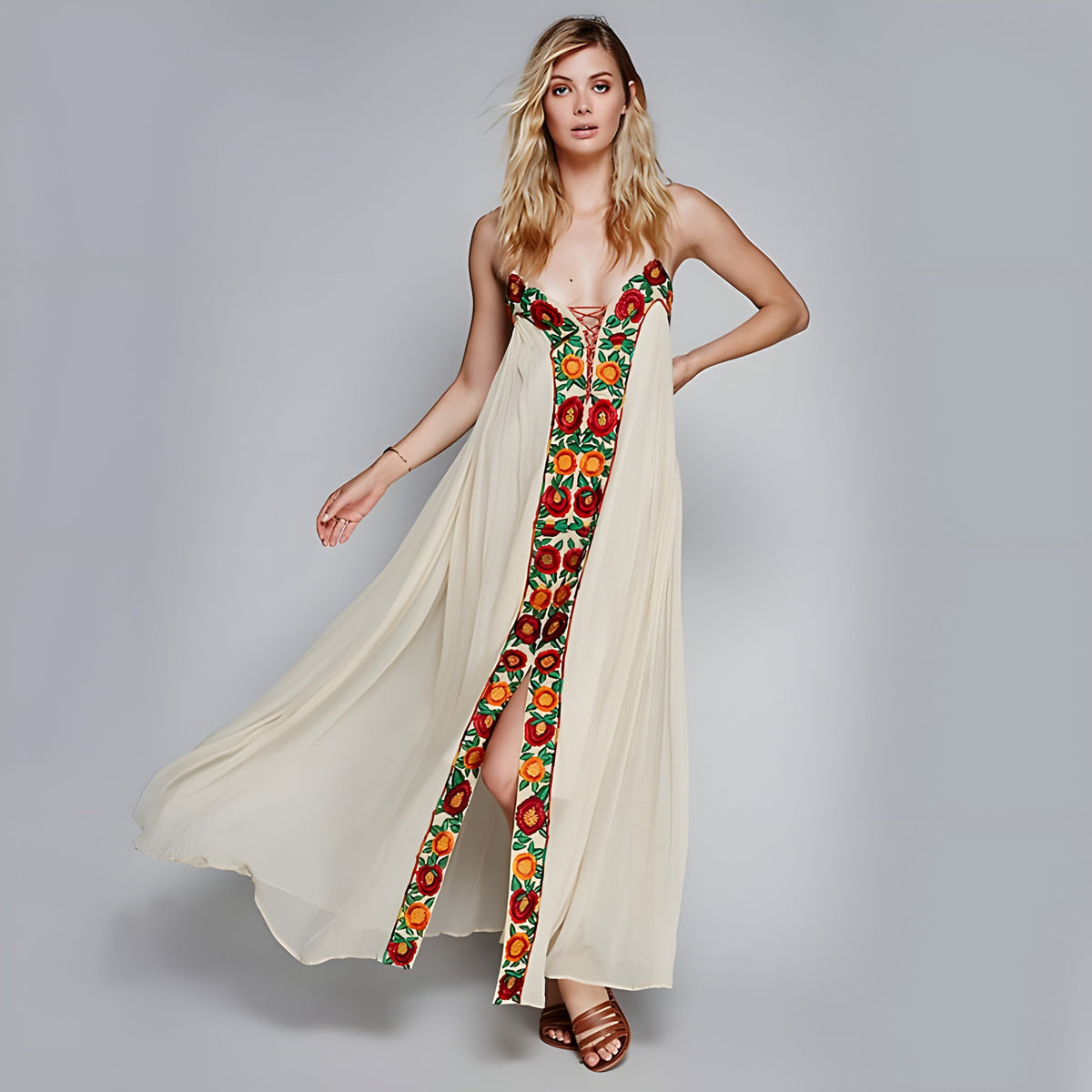 Ivory boho maxi dress worn, laced V-neckline