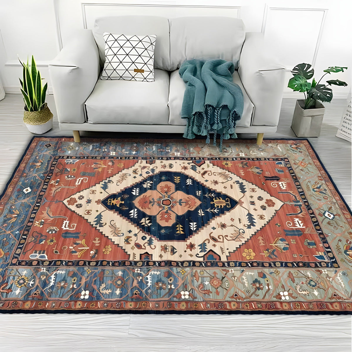 Blue Persian boho rug with central medallion in a living room