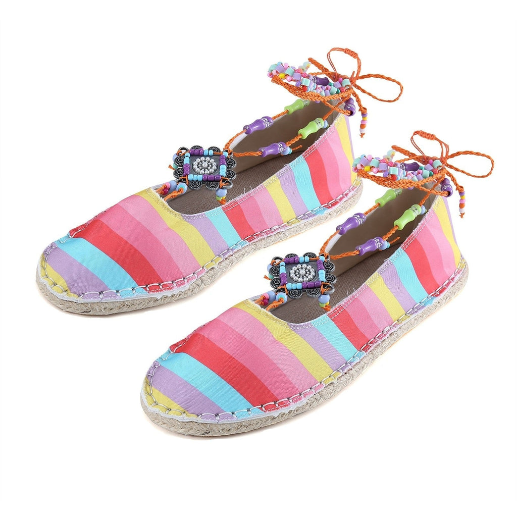 Gestreepte boho espadrilles met lange enkelveters met kralen