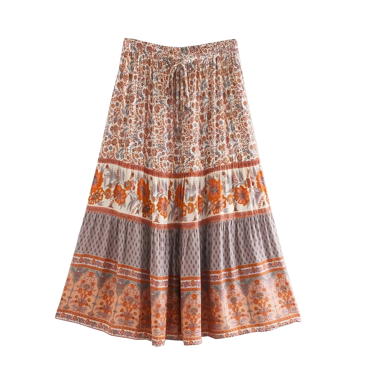 70'er boho midinederdel med lagdelte flæser og smock-talje