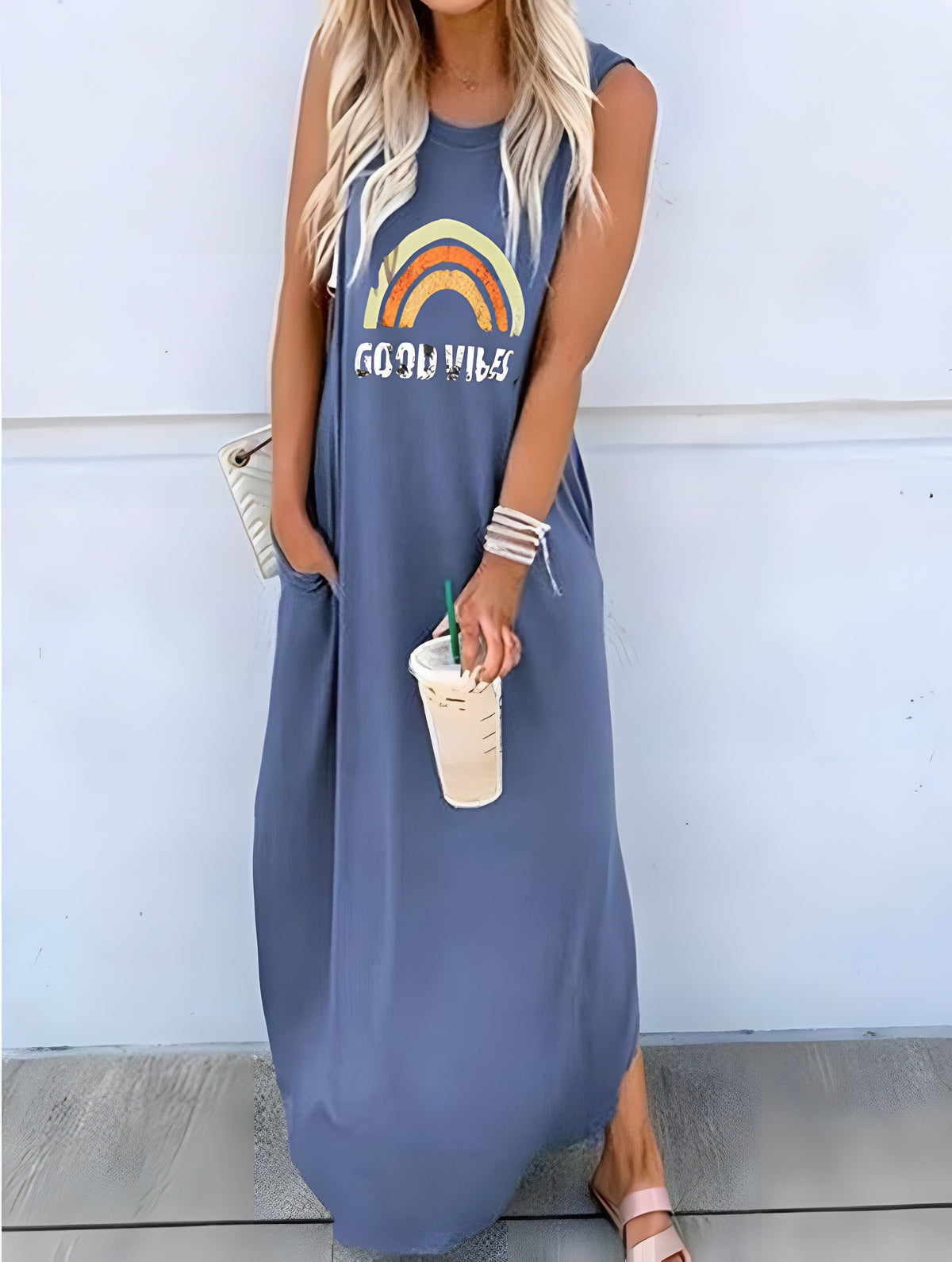 Denim blue hippie maxi dress, flowy cut and side slit