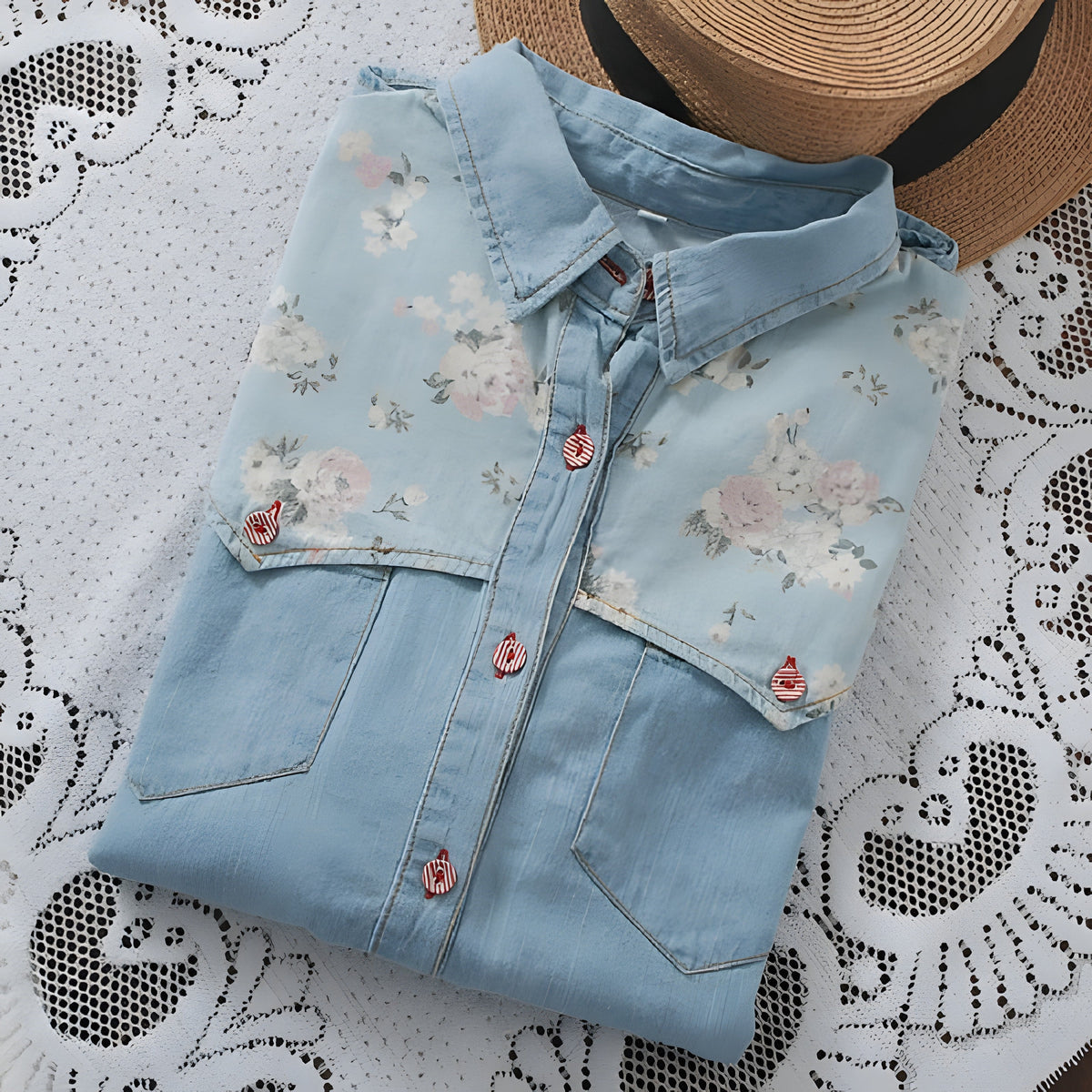 Floral denim shirt with two flap chest pockets