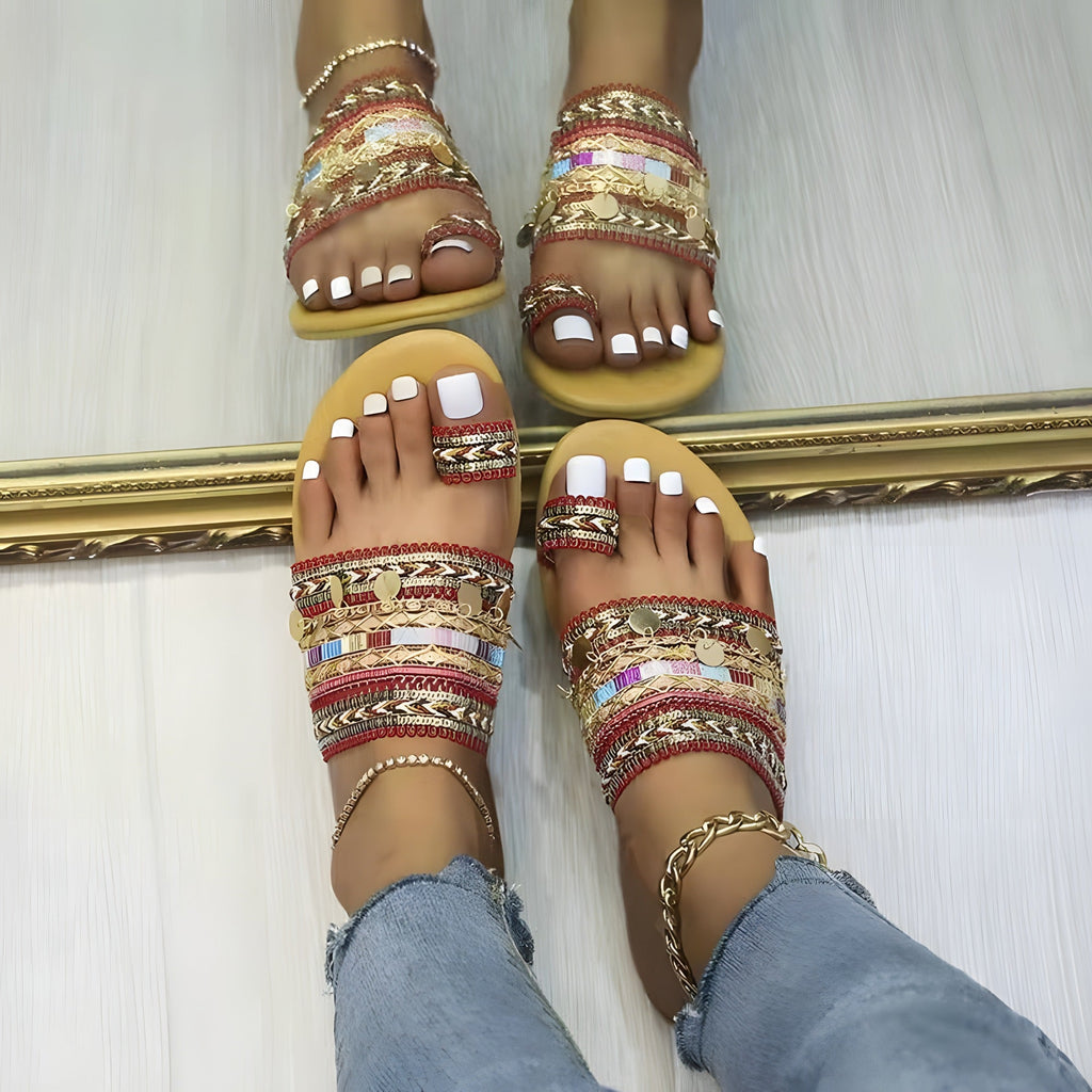 Boho sandals with toe ring seen from above