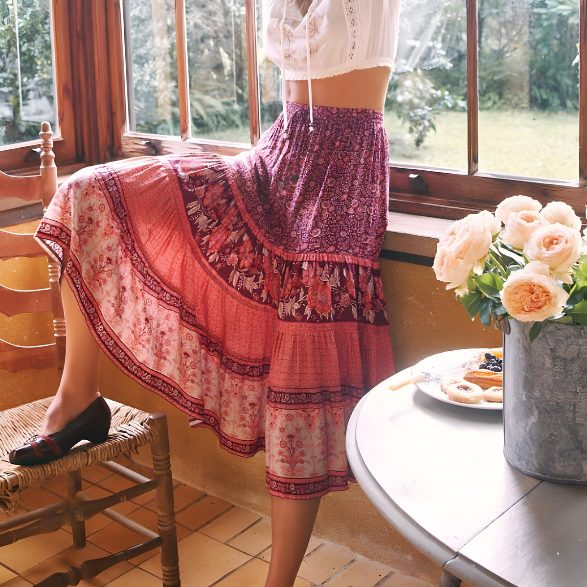 Red floral tiered skirt finished with a block-print border