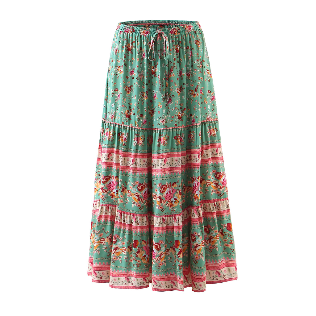 Green boho maxi skirt with floral print and tiered ruffles