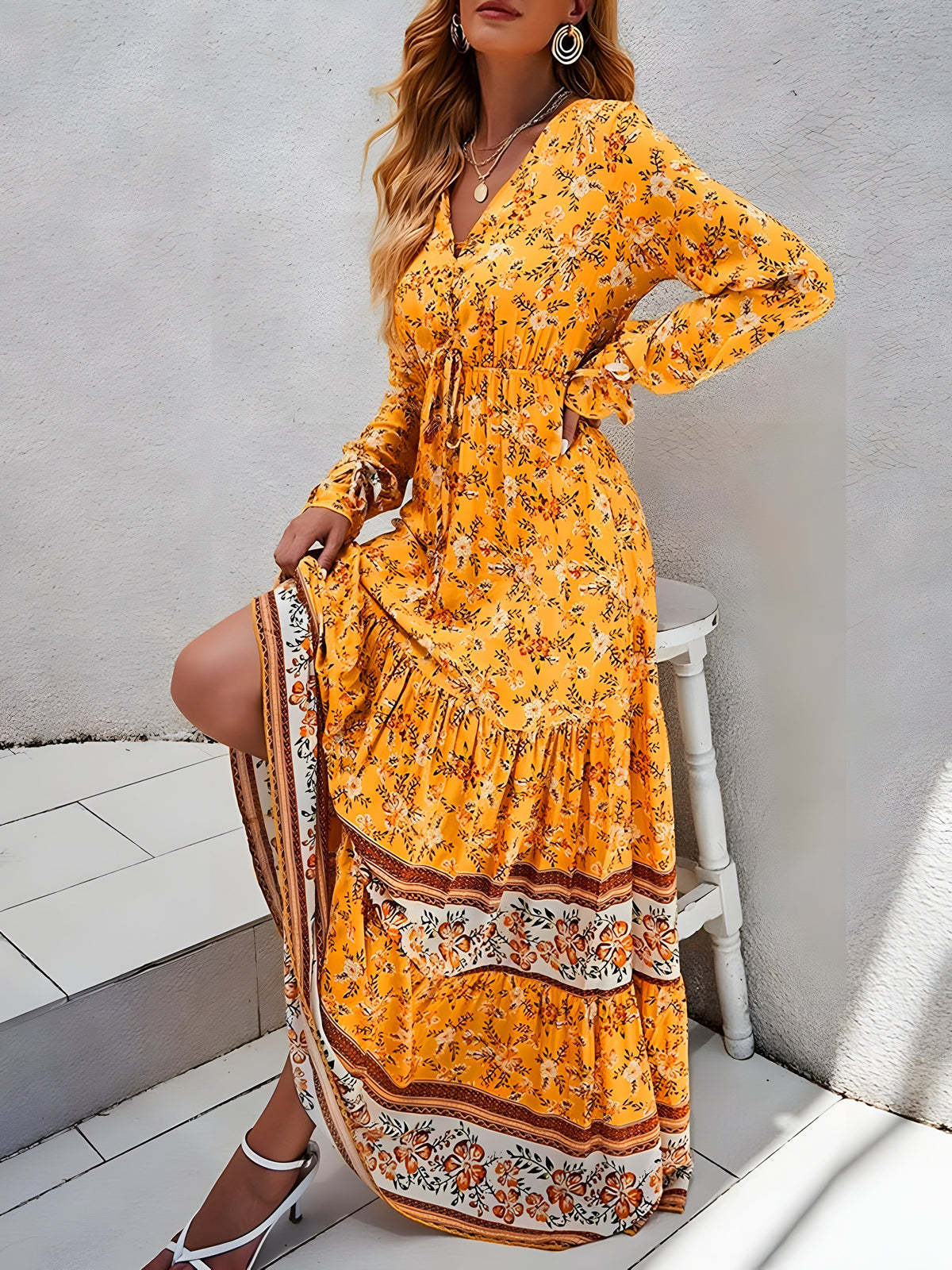 Yellow floral hippie dress with surplice neckline and side slit