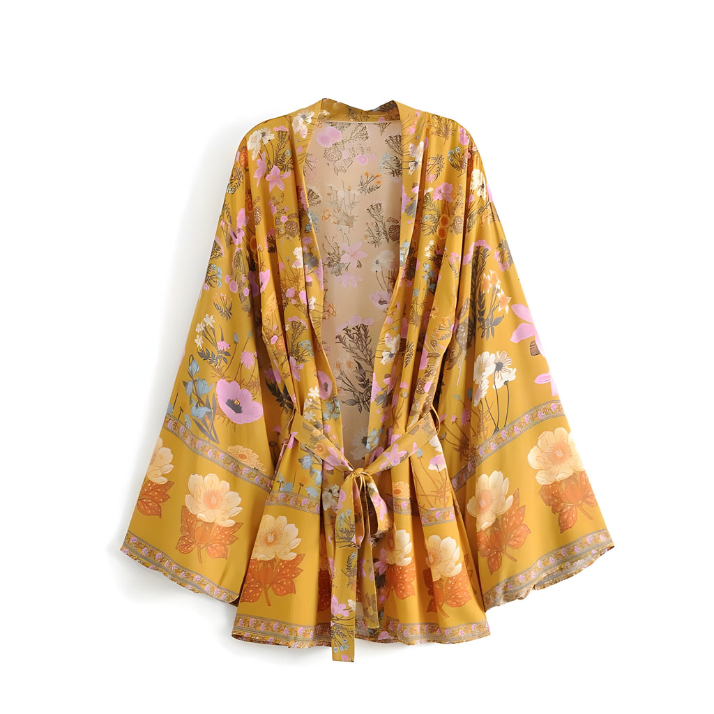 Mustard floral kimono seen from the front, worn open