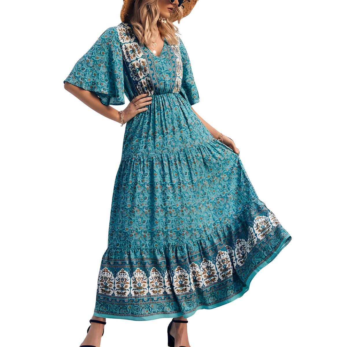 Turquoise floral maxi dress worn, V-neck and flared sleeves