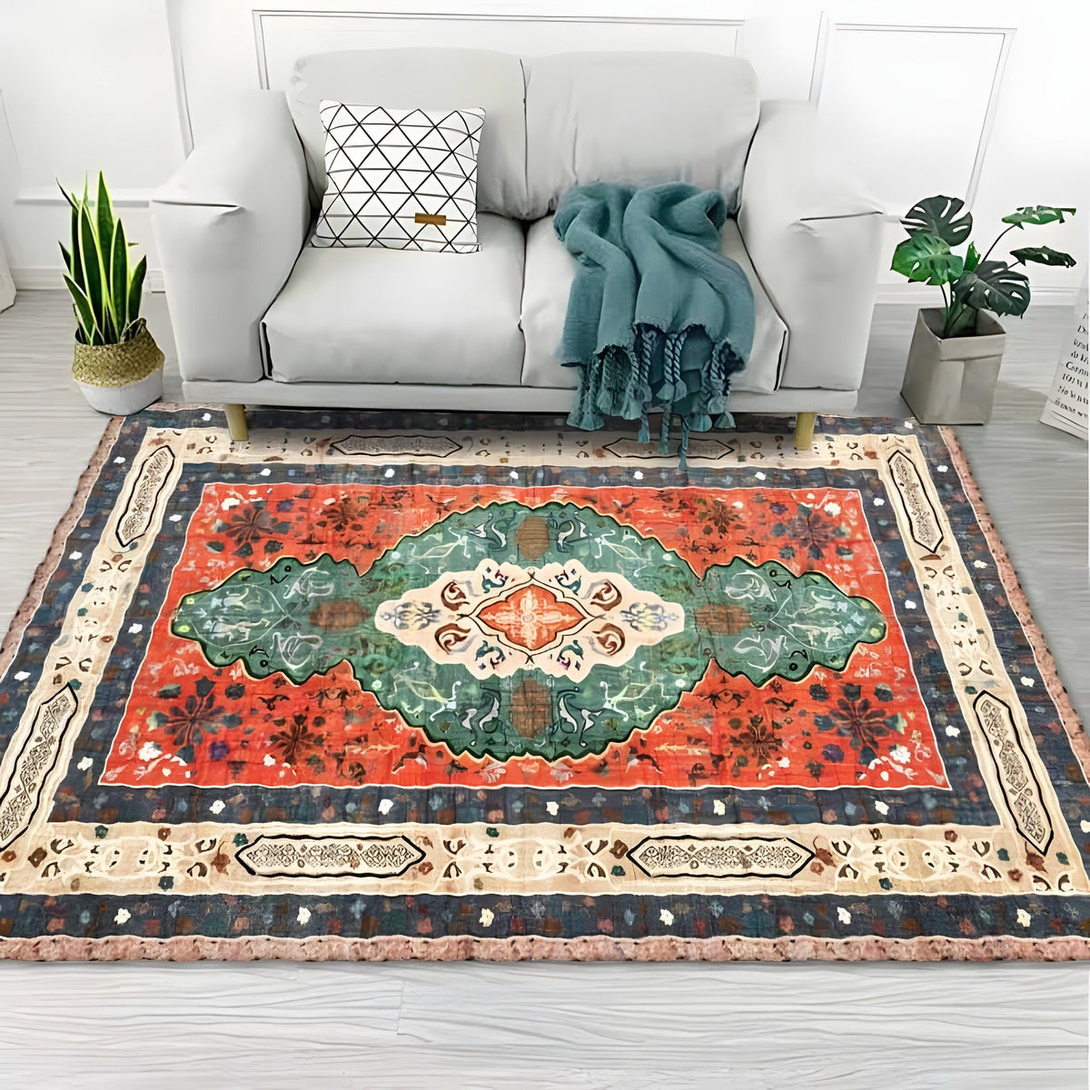 Terracotta Persian boho rug with medallion in a living room