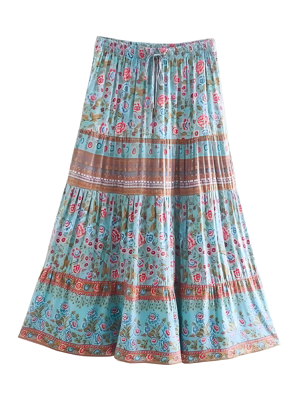 Turkis boho maxinederdel med lagdelte flæser og blomstrede kantbånd
