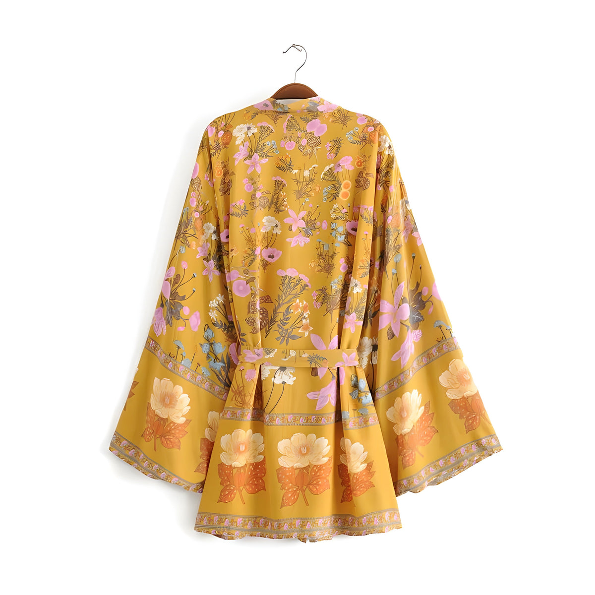 Mustard floral boho kimono seen from the back