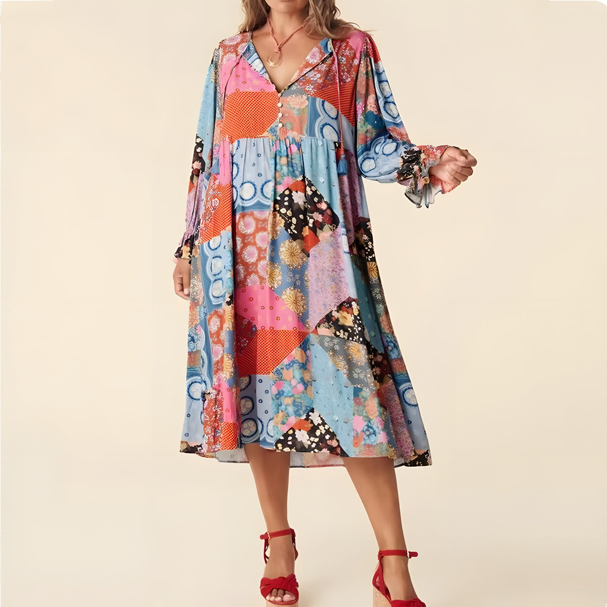 Multicolor floral patchwork midi dress with V-neck and puff sleeves