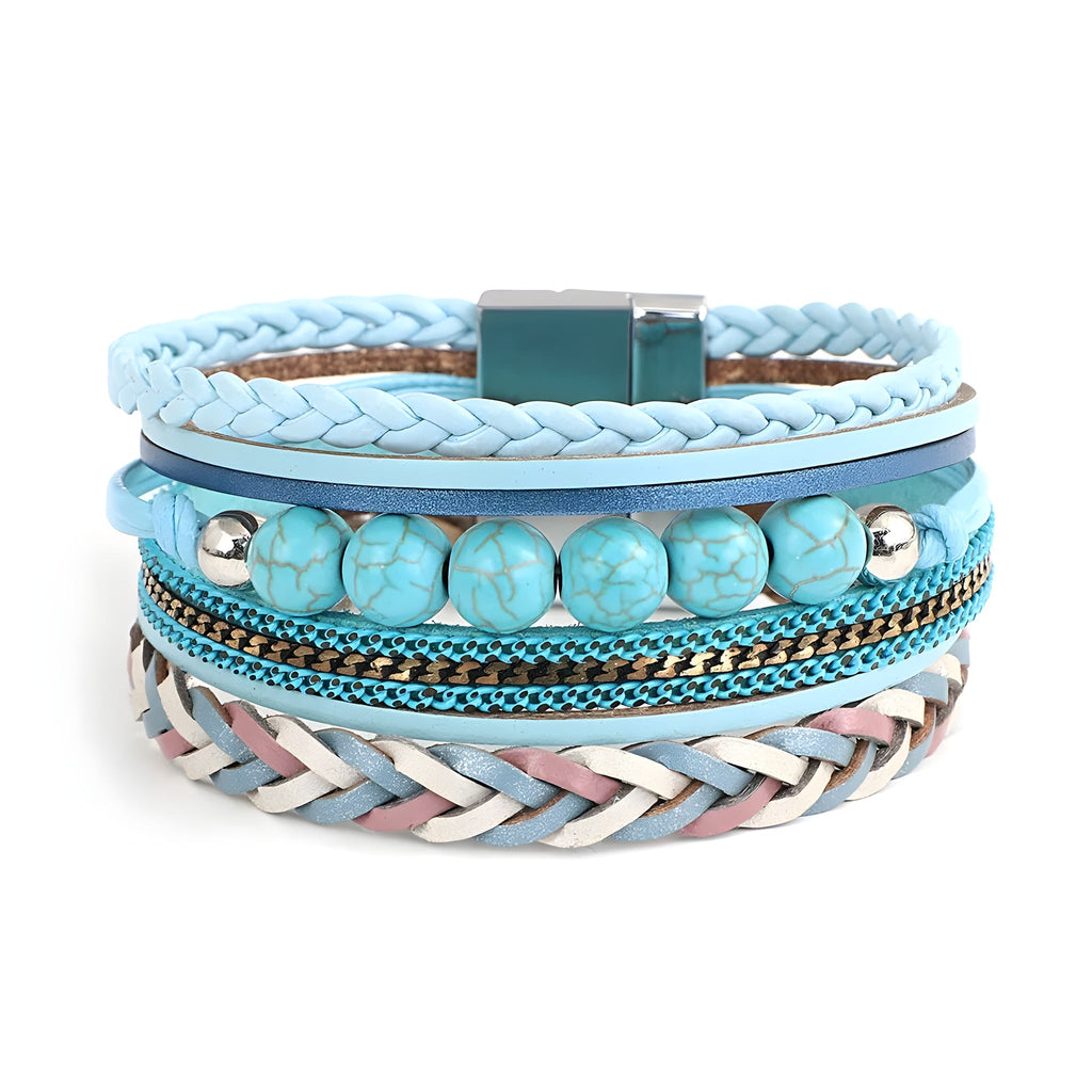 Southwestern style multi strand bracelet with turquoise beads and faux leather cords