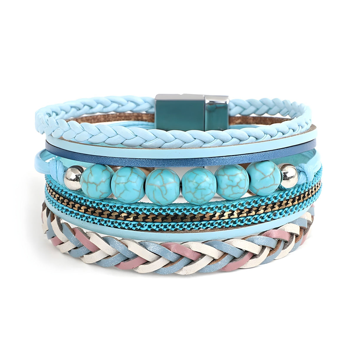 Southwestern style multi strand bracelet with turquoise beads and faux leather cords