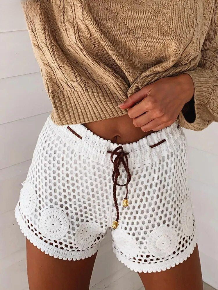 Boho Shorts aus Häkelspitze, High Waist