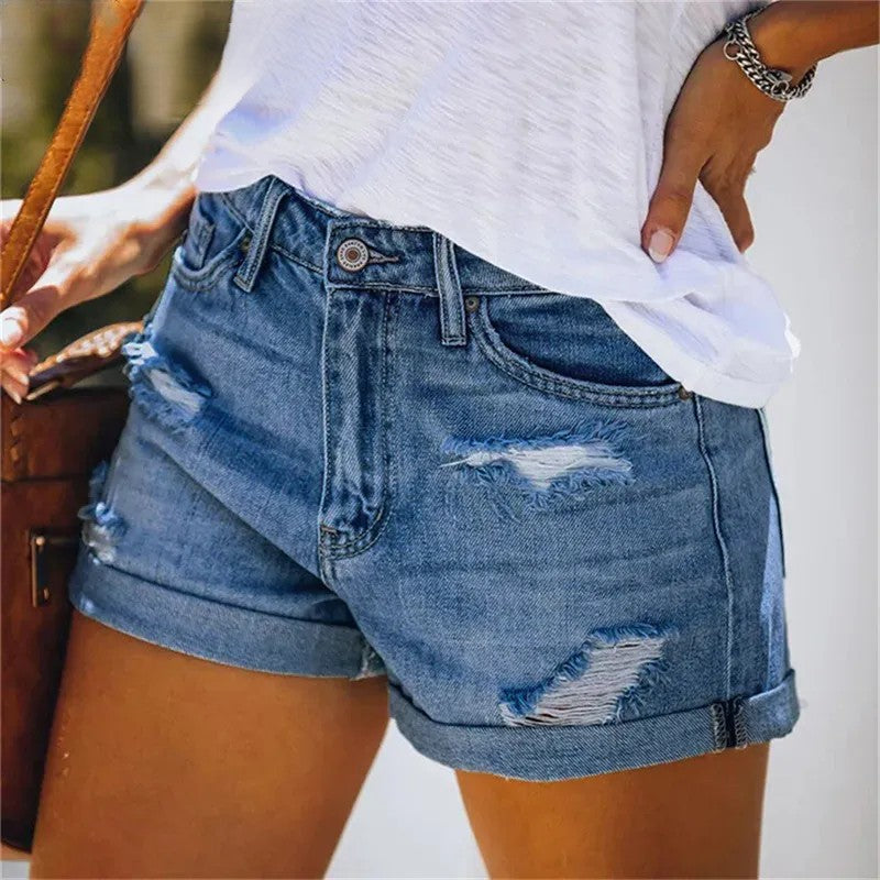 Boho Shorts Destroyed-Denim, verwaschenes Blau