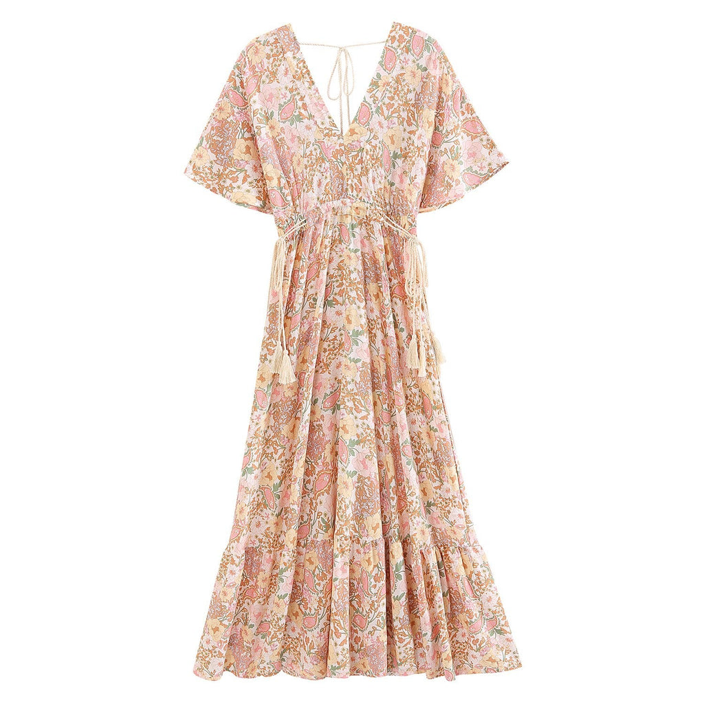 Boho maxi-jurk met bloemen en V-hals – hippie kleding