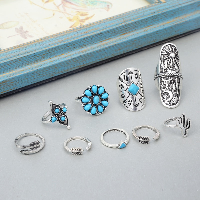 Boho sormus · hopeoitu 9 sormuksen setti naisille