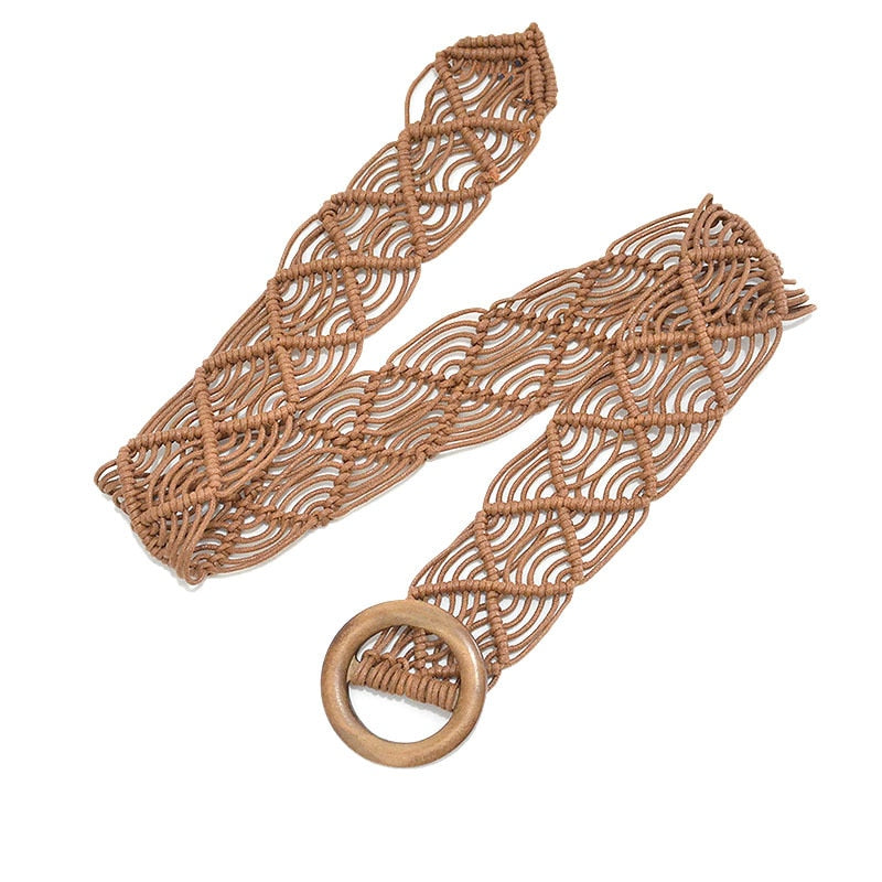 Macramé boho riem met ronde houten gesp