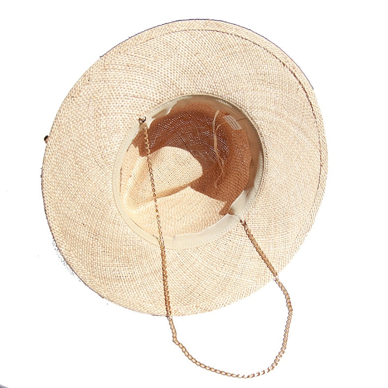 Boho fedora hat i strå, kæde & musling