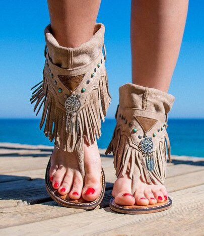 Fringe Hippie Sandals with Turquoise Beads