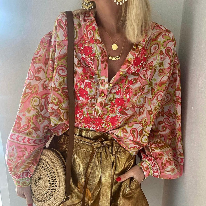 Women's Boho Button Down Shirt – Cotton Hemp Floral