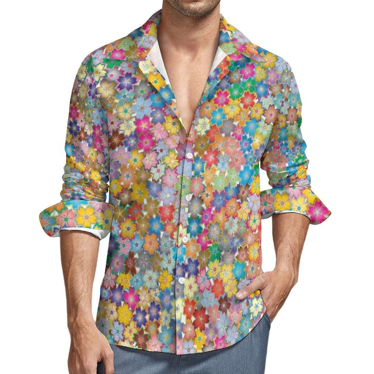 Hippie shirt with multicolor petal print worn with open collar