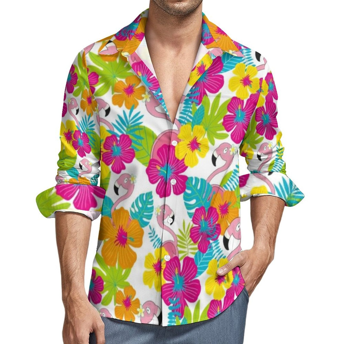 White tropical print shirt with flamingos and hibiscus, sleeves rolled