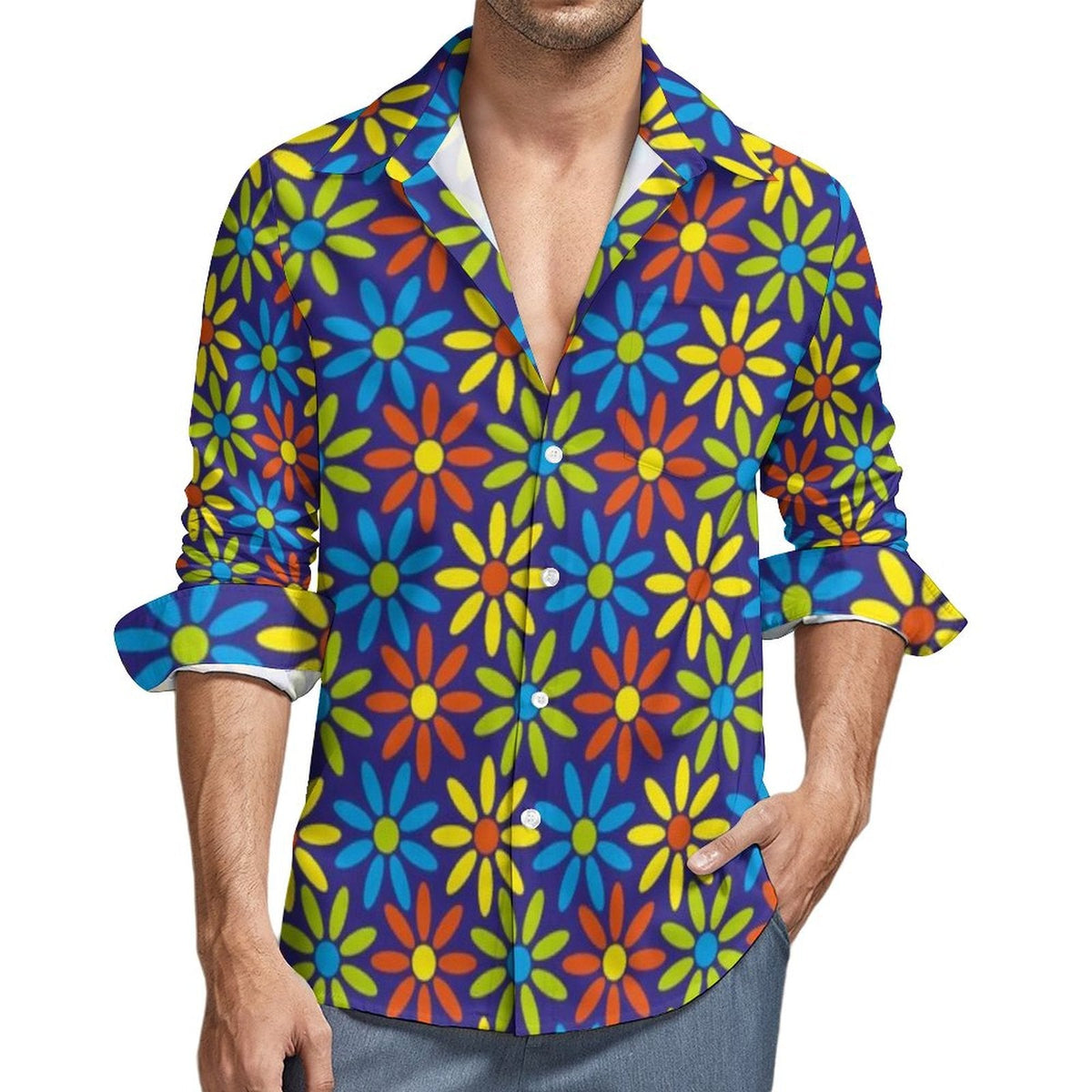Blue daisy print hippie shirt worn with open collar rolled sleeves