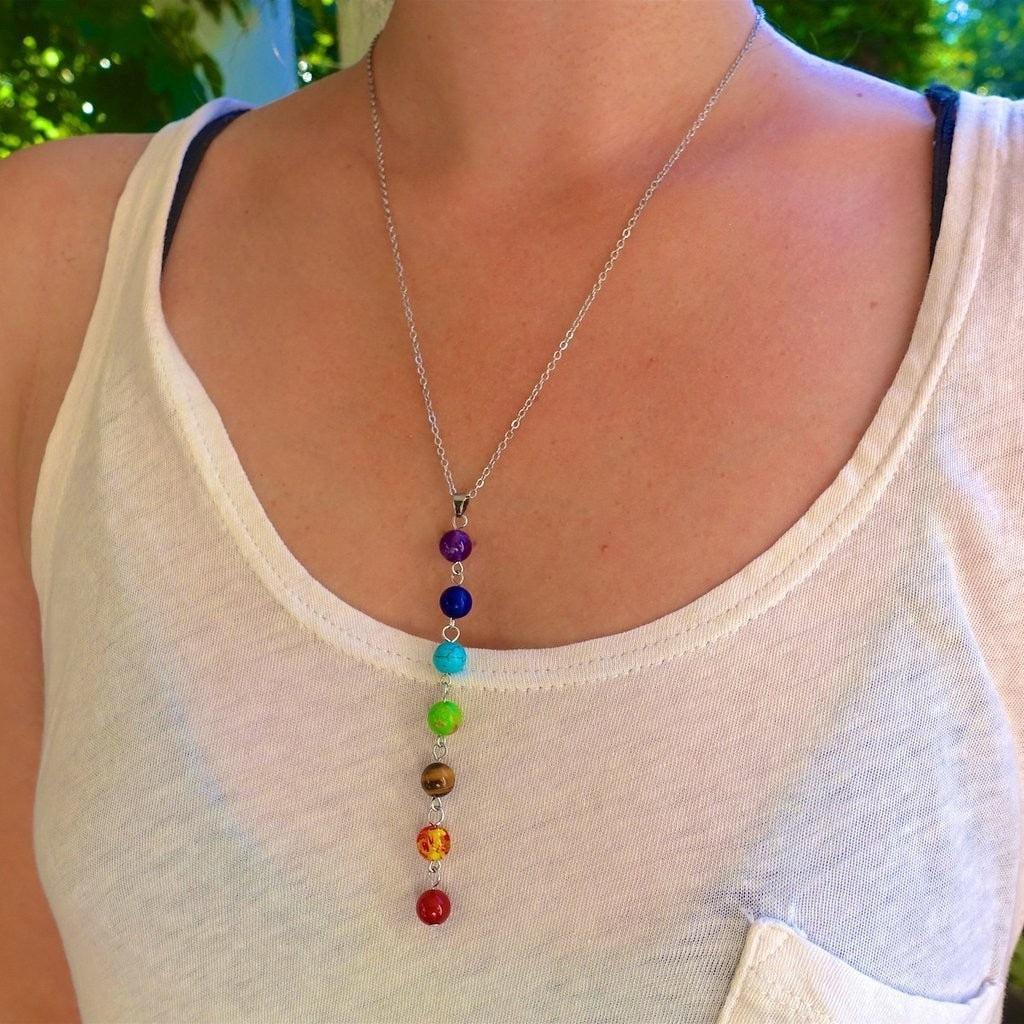 Hippie chakra necklace with seven colored beads in steel
