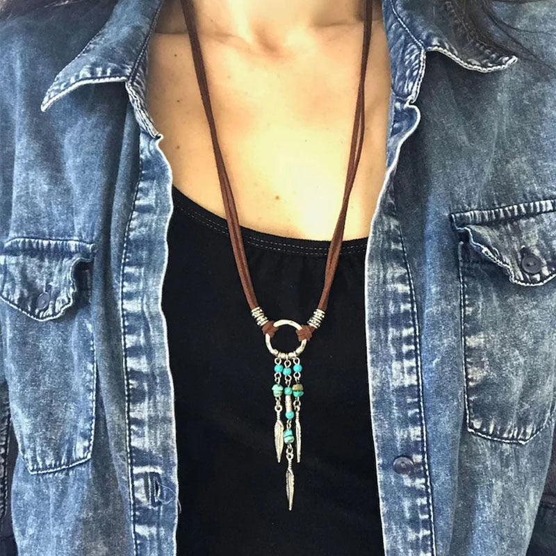 Adjustable leather and stainless steel boho cord necklace