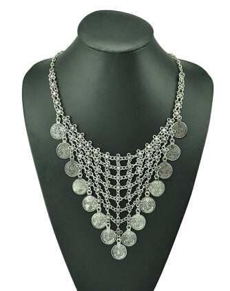 Bohemian Silver Coin Hippie Necklace