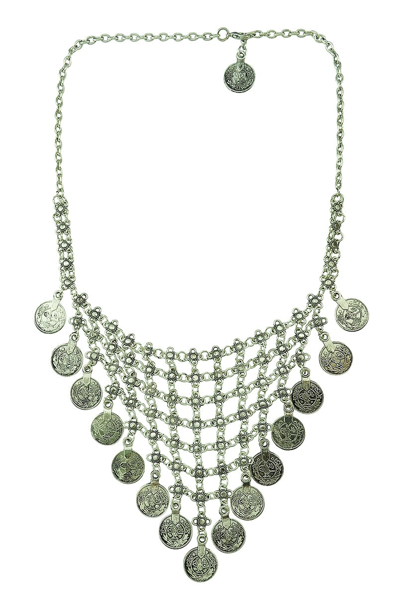 Bohemian silver coin necklace with floral medallion lattice